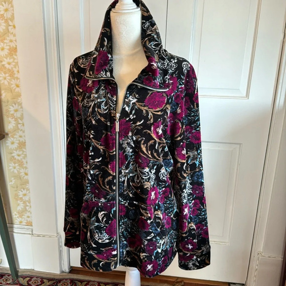 💋 Karen Scott zip up Velour Jacket Size L 💋 - Picture 1 of 10